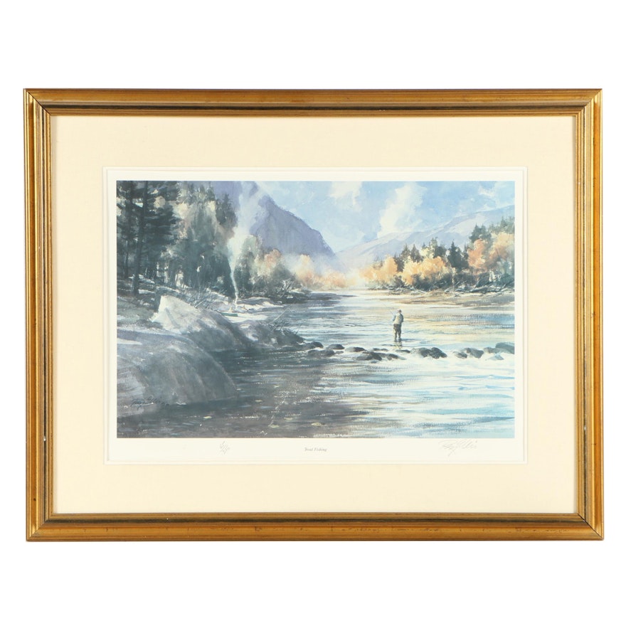 Ray Ellis Limited Edition Offset Lithograph "Trout Fishing"