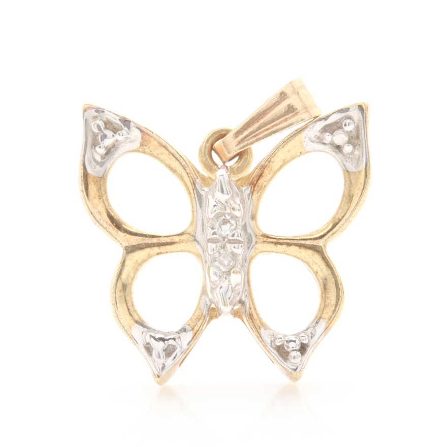 10K Yellow Gold Diamond Butterfly Pendant with White Gold Accents