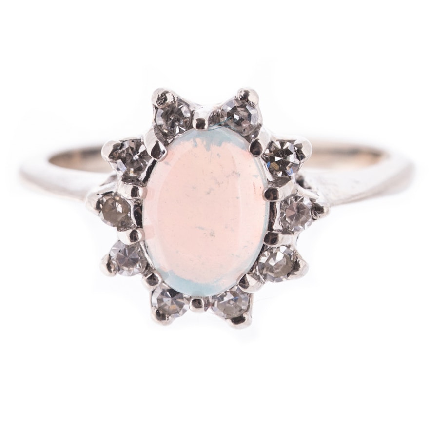 14K White Gold, Opal, and Diamond Halo Ring