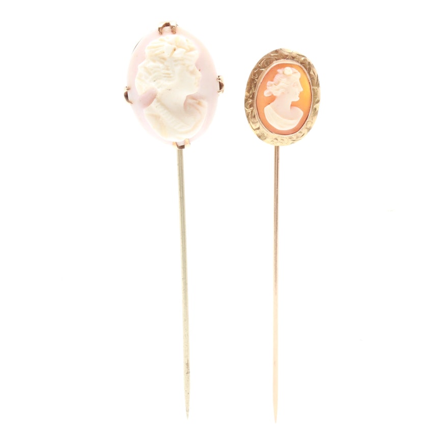 Antique and Vintage 10K Yellow Gold Shell Cameo Stick Pins