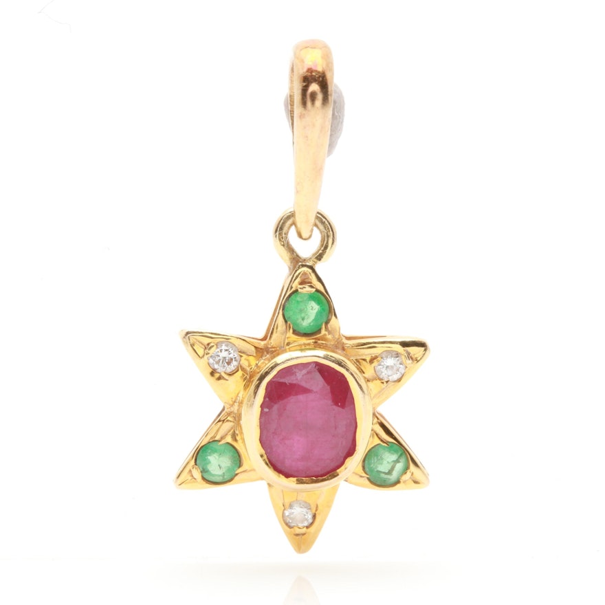 14K Yellow Gold Ruby, Emerald, and Diamond Star Pendant