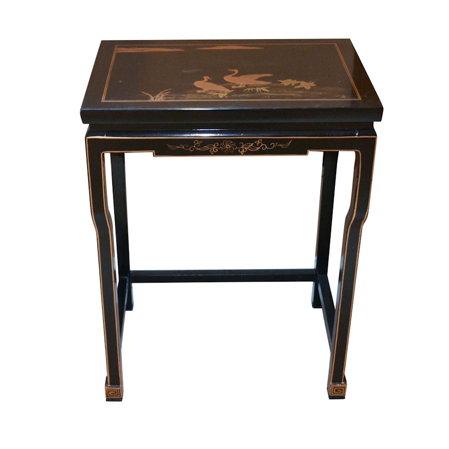 Black Lacquered Side Table with Waterfoul Motif