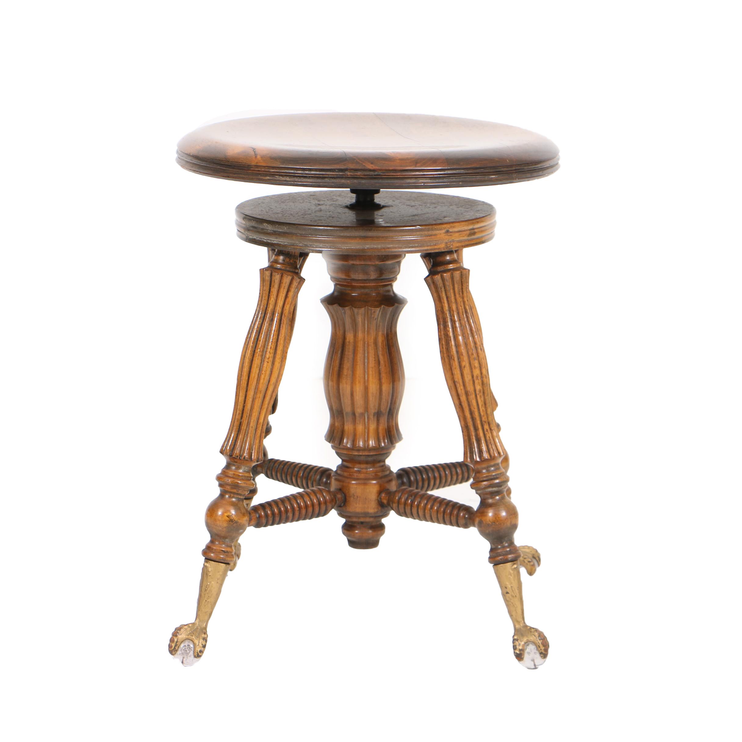 Antique Oak and Glass Ball Feet Piano Stool by Lyon & Healy