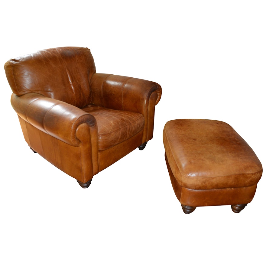 Contemporary Brown Leather Armchair and Ottoman
