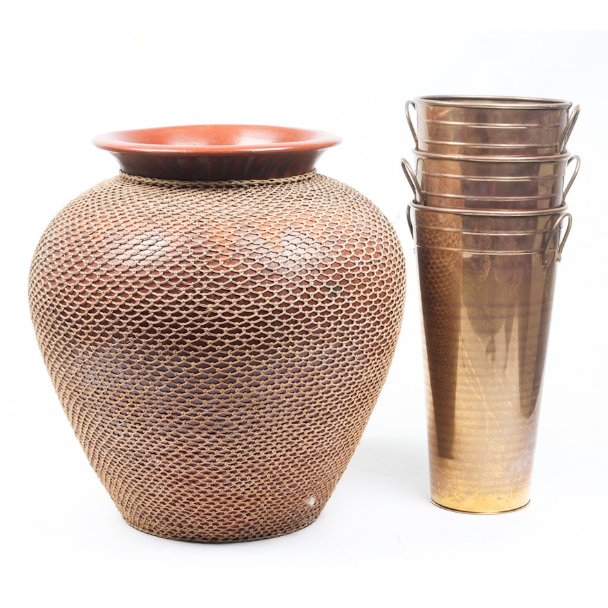 Ceramic Vase with Brass Flower Buckets