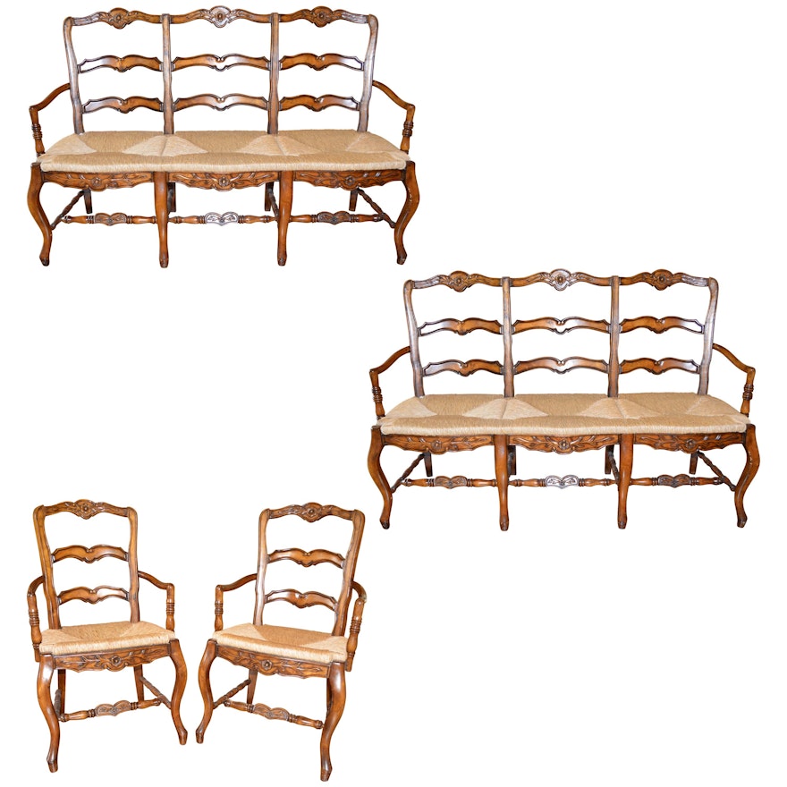 French Provincial Style Ladder Back Pair of Benches and Pair of Armchairs