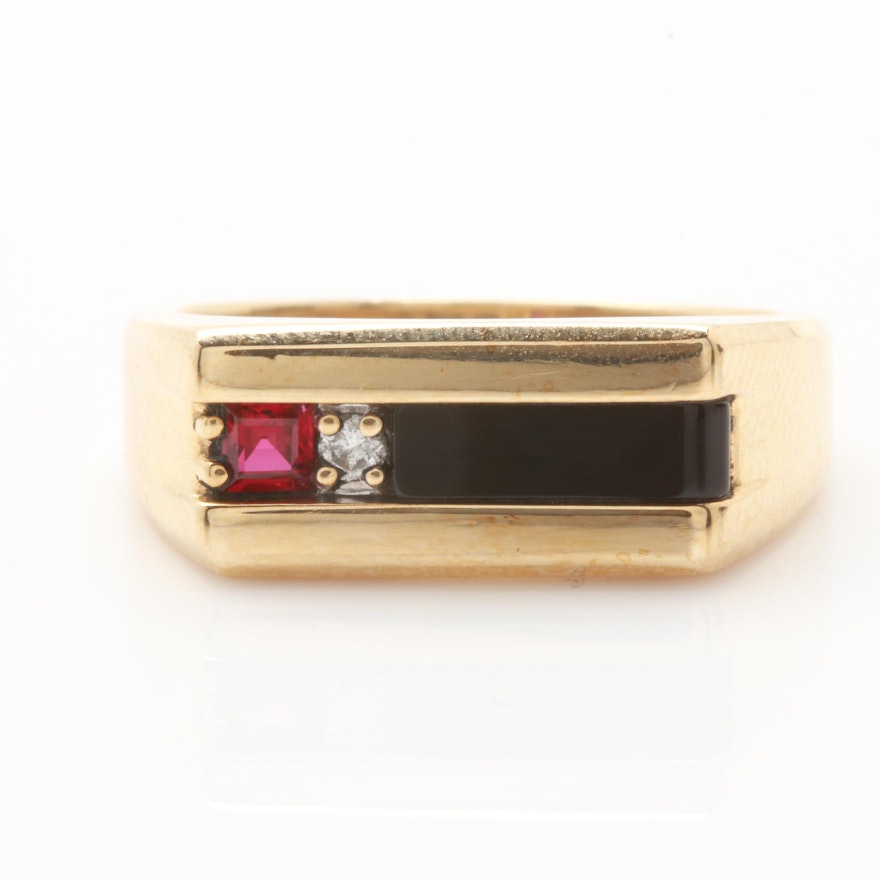 10K Yellow Gold Onyx Ring with a Synthetic Ruby and Diamond Accent