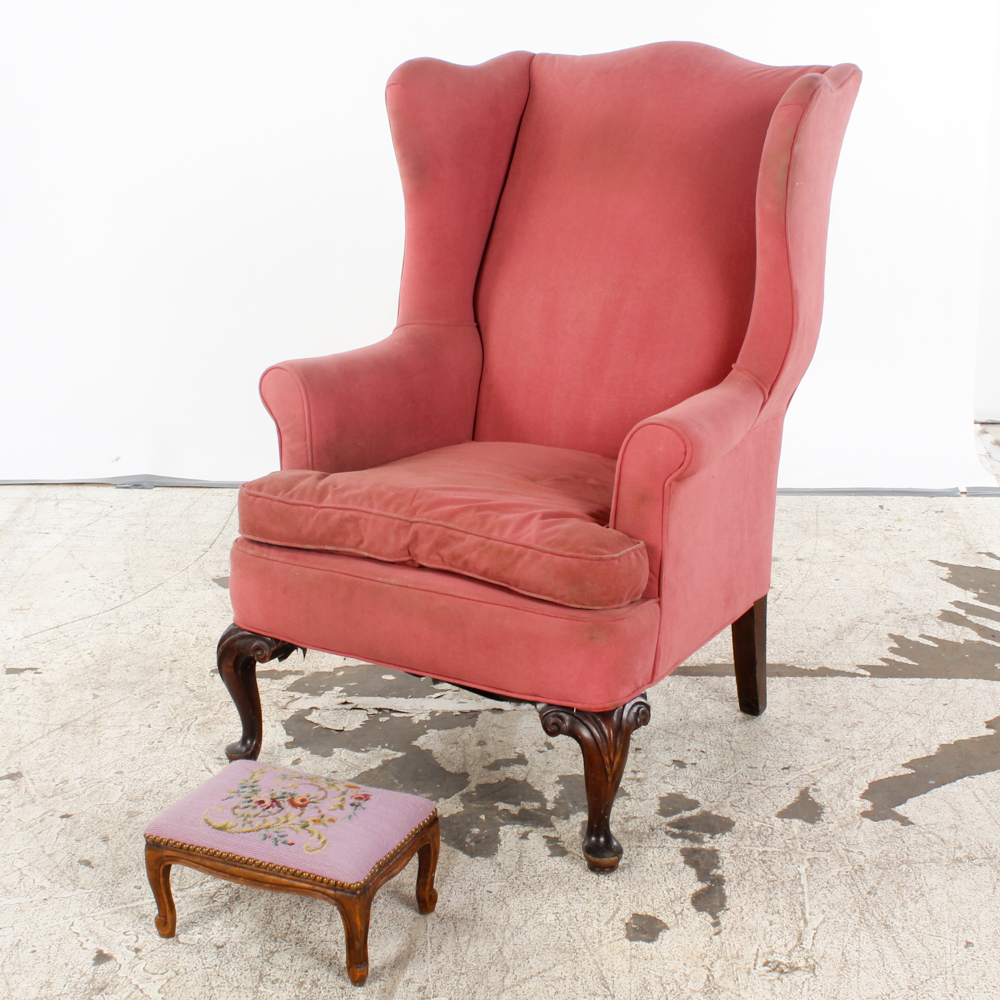 Vintage Queen Anne Style Wingback Chair with Needlepoint Footrest