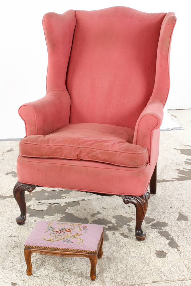 Vintage Queen Anne Style Wingback Chair with Needlepoint Footrest