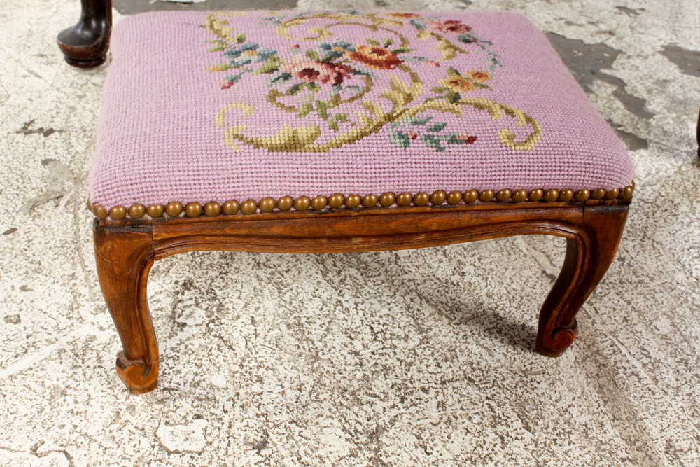 Vintage Queen Anne Style Wingback Chair with Needlepoint Footrest