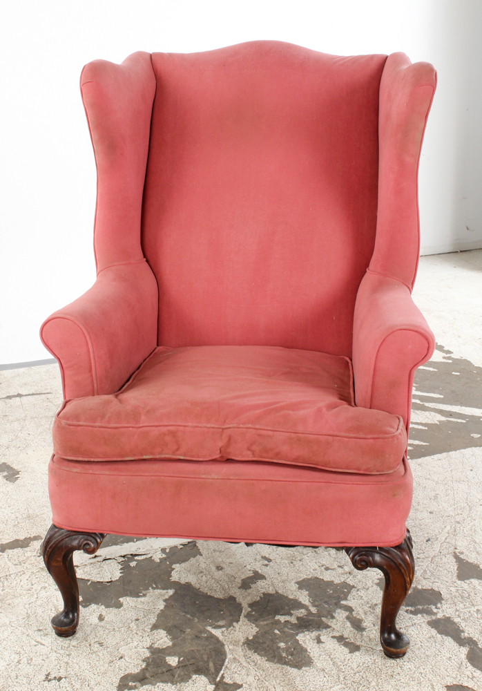 Vintage Queen Anne Style Wingback Chair with Needlepoint Footrest