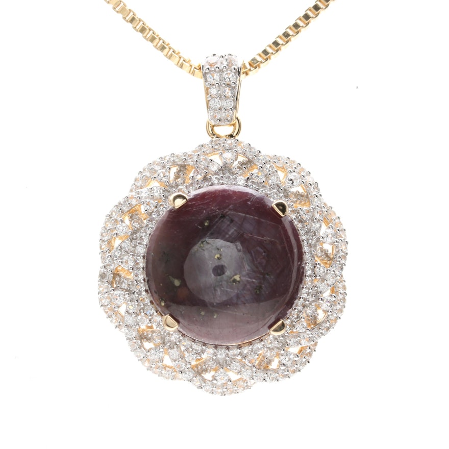 Gold Wash on Sterling Silver 30.74 CT Star Corundum and White Sapphire Necklace