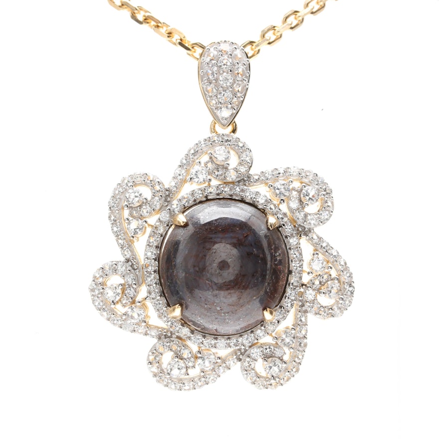 Gold Wash on Sterling Silver 38.79 CT Star Corundum and White Sapphire Necklace