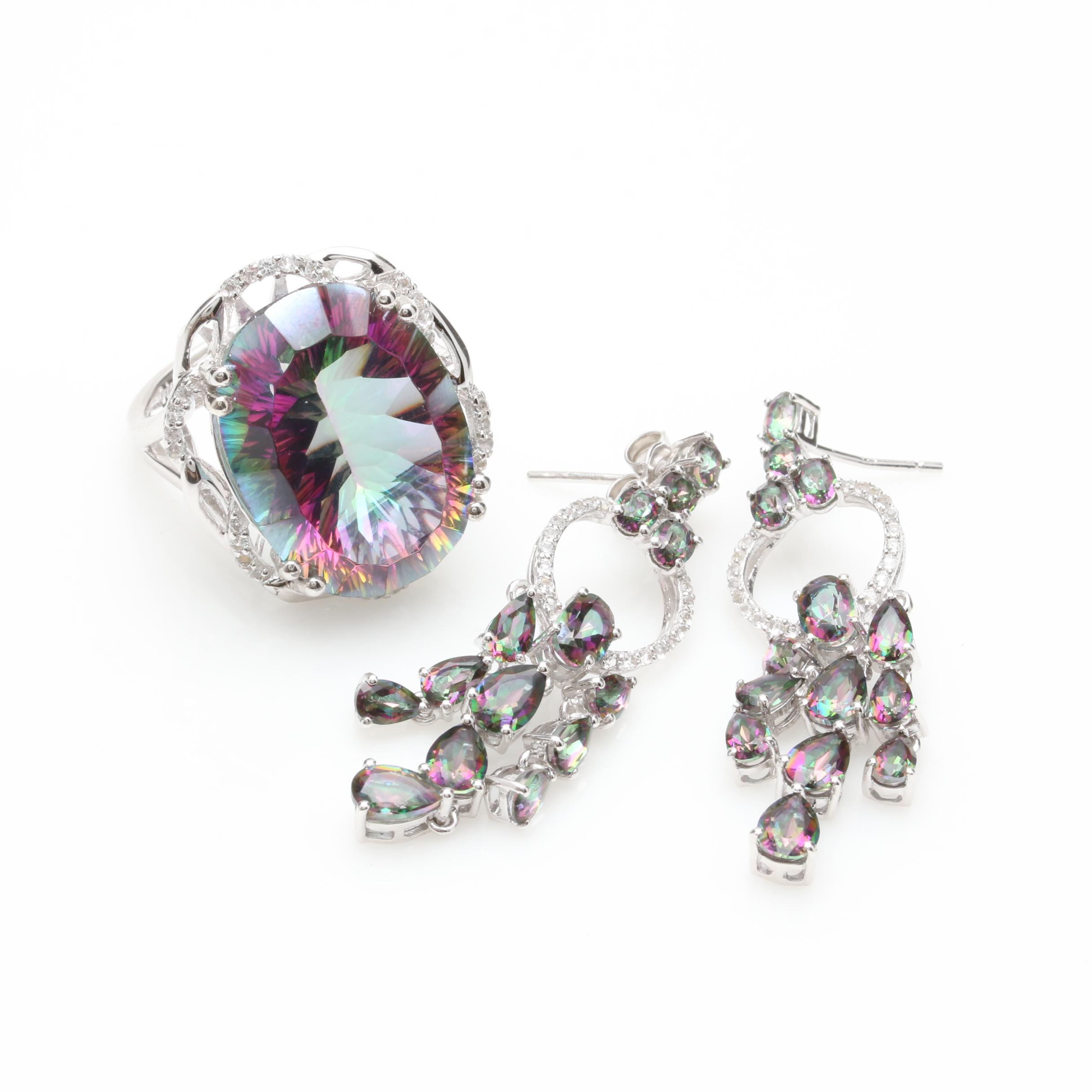 Sterling Silver Mystic Topaz and White Topaz Ring and Earrings
