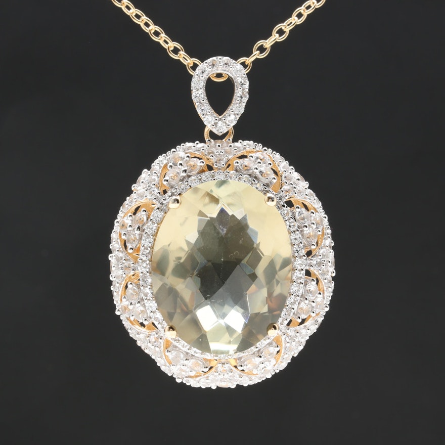 Gold Wash on Sterling Silver 39.00 CT Praseolite and White Sapphire Necklace