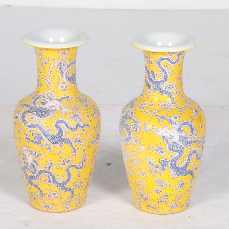 Chinese Yellow and Grey Ceramic Dragon Vases