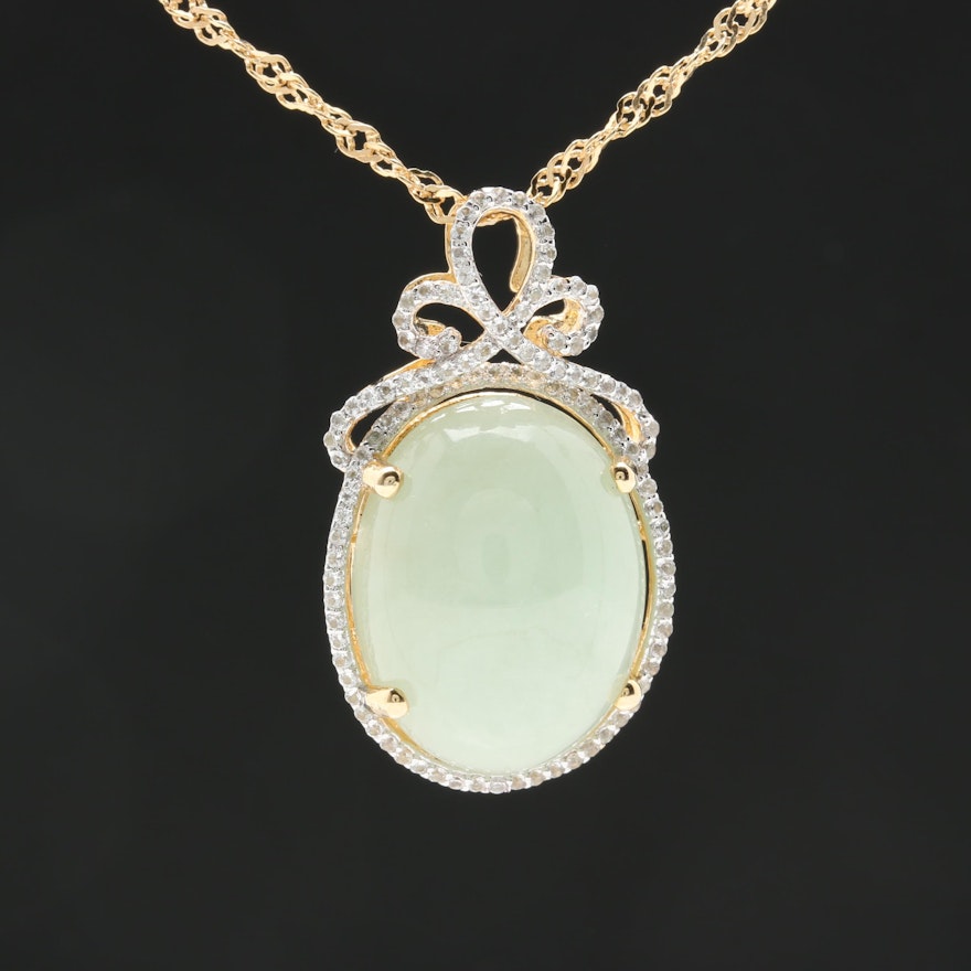 Gold Wash on Sterling Silver Jadeite and White Sapphire Pendant Necklace