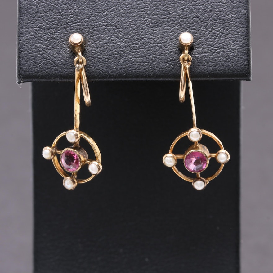 10K Yellow Gold Glass and Garnet Doublet and Seed Pearl Earrings