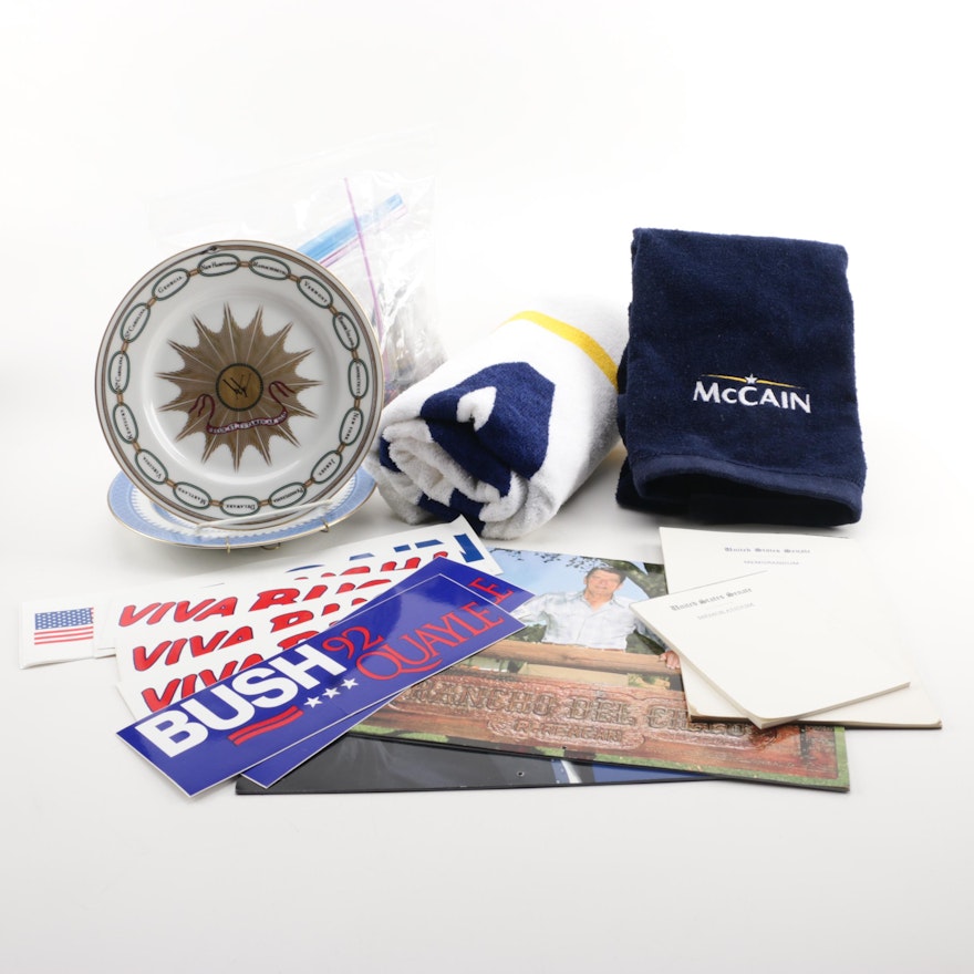 US Presidential Towels, Plates, Pins, Stickers, Postcards, and Senate Memo Pads