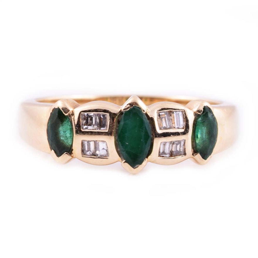 14K Yellow Gold, Emerald, and Diamond Ring