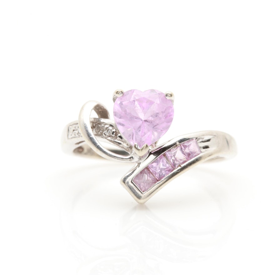 10K White Gold Synthetic Pink Sapphire and Diamond Ring