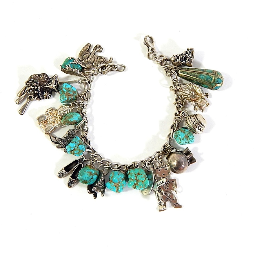 Sterling Silver and Turquoise Nugget Charm Bracelet