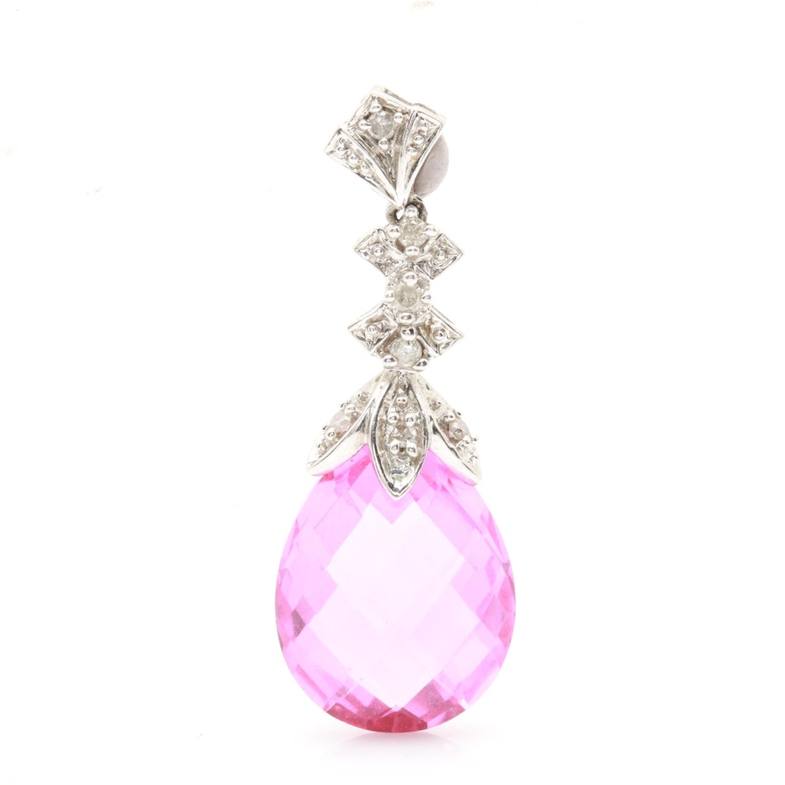 10K White Gold Synthetic Pink Sapphire and Diamond Pendant