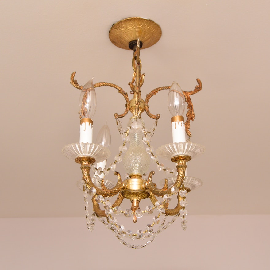 Cast Metal Gold Tone and Glass Chandelier