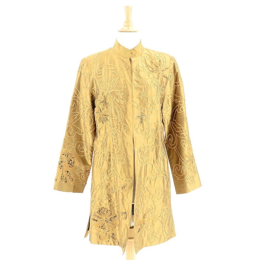 Women's Ribbon Work Embellished Golden Silk Tunic Jacket with Sequins