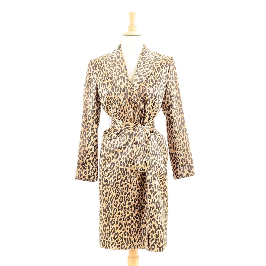 Anne Klein Leopard Print Silk Coat Dress with Belt