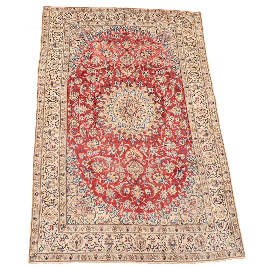 Vintage Hand-Knotted Wool and Silk Persian Nain Area Rug