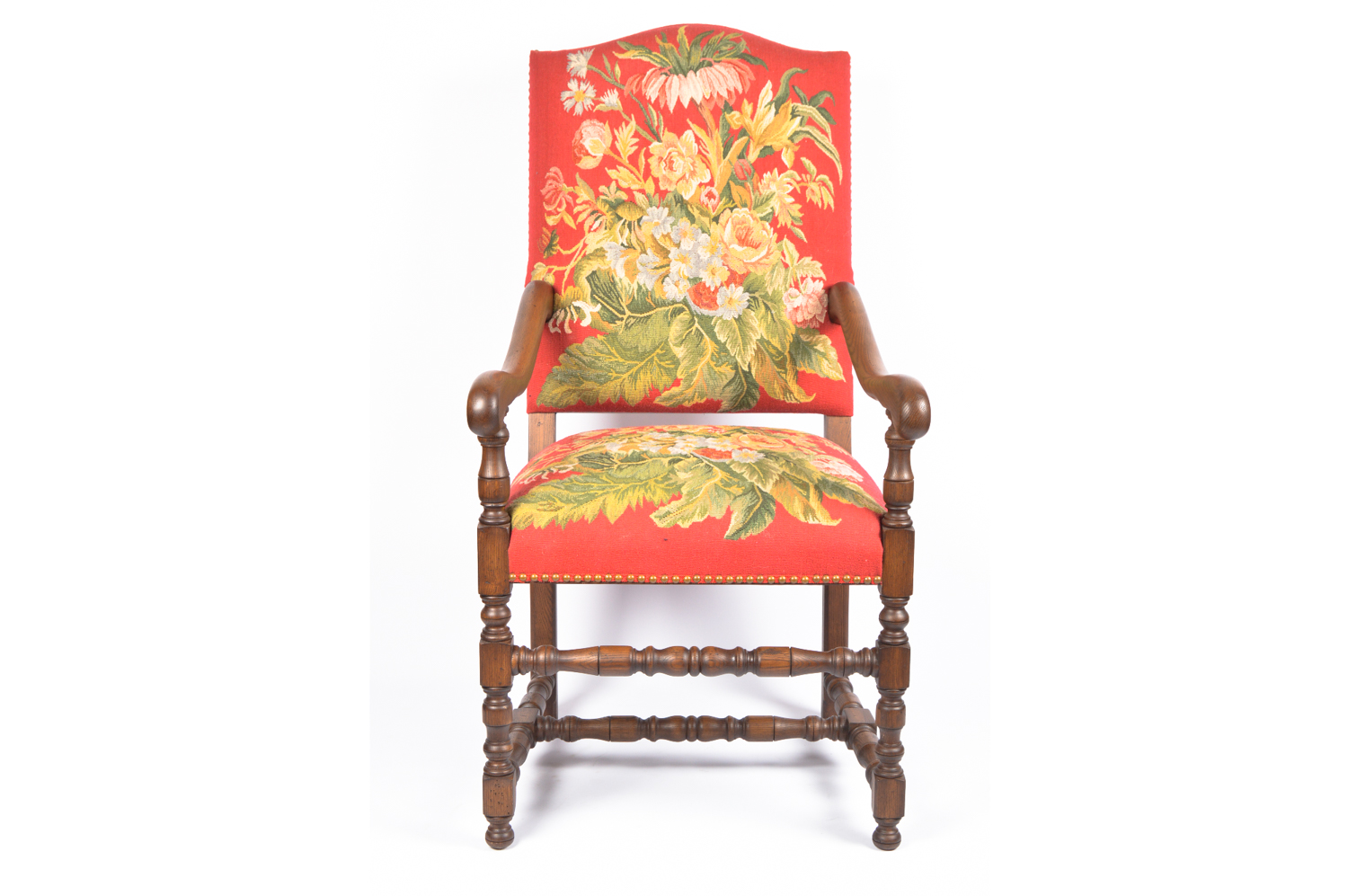 Contemporary William and Mary Style Upholstered Oak Armchair