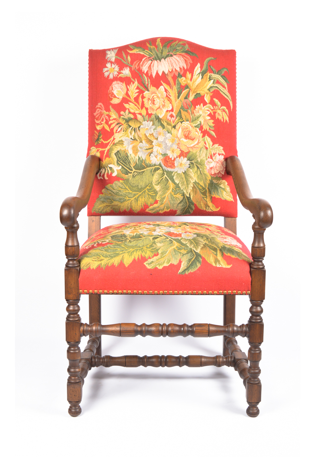Contemporary William and Mary Style Upholstered Oak Armchair