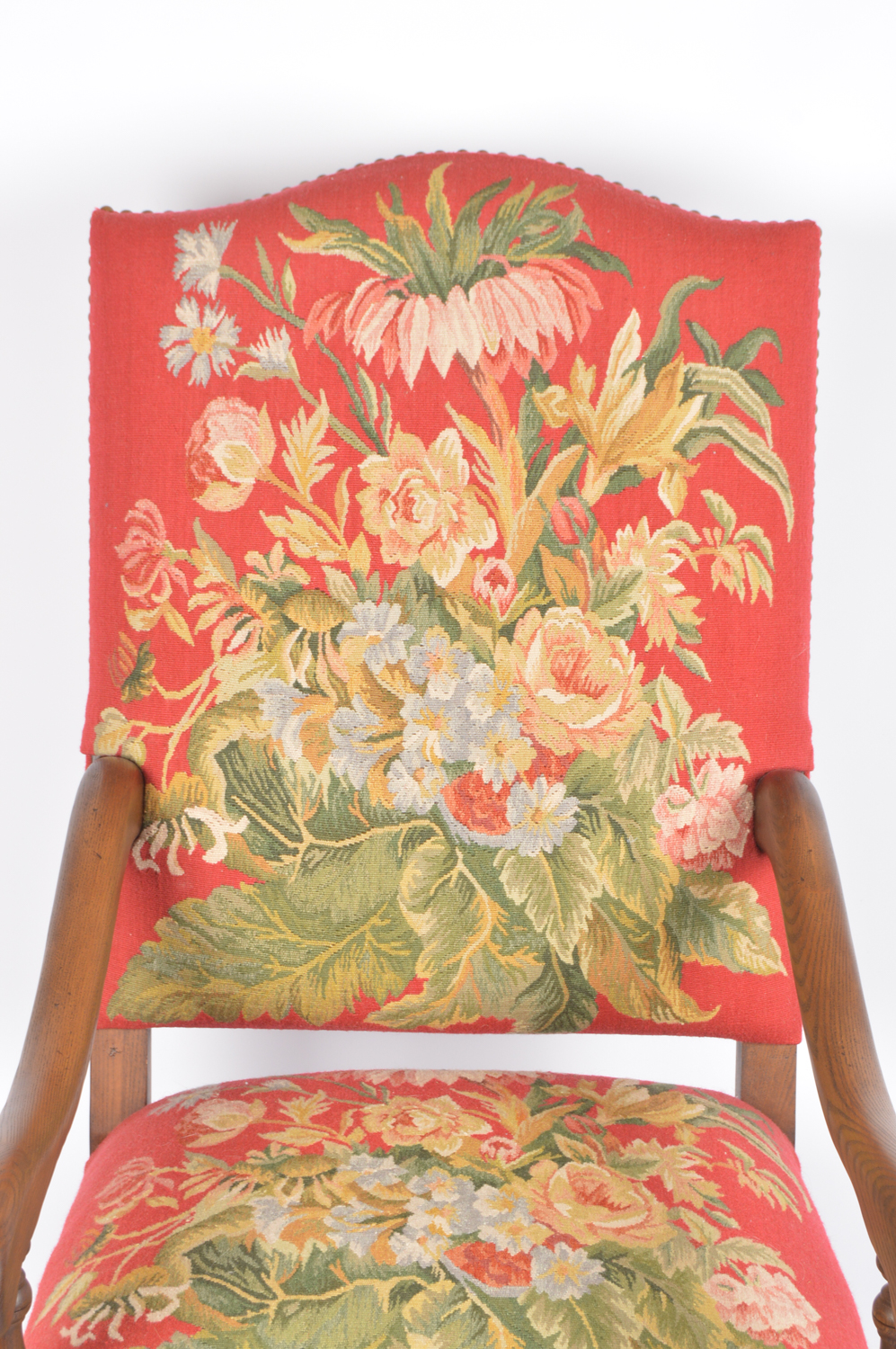 Contemporary William and Mary Style Upholstered Oak Armchair