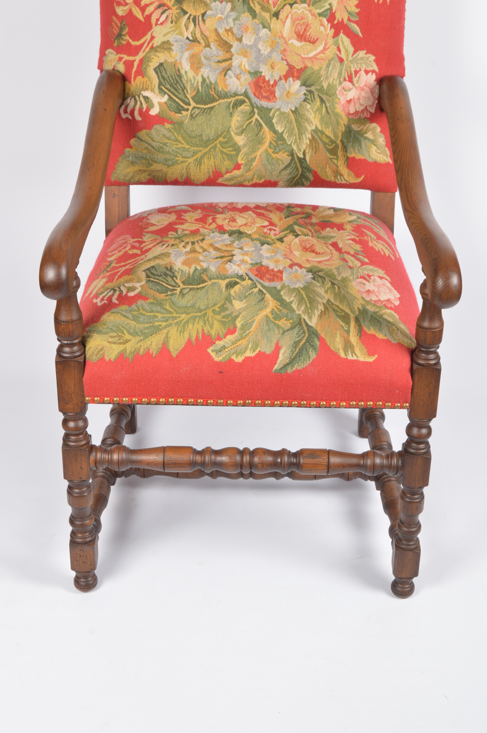 Contemporary William and Mary Style Upholstered Oak Armchair