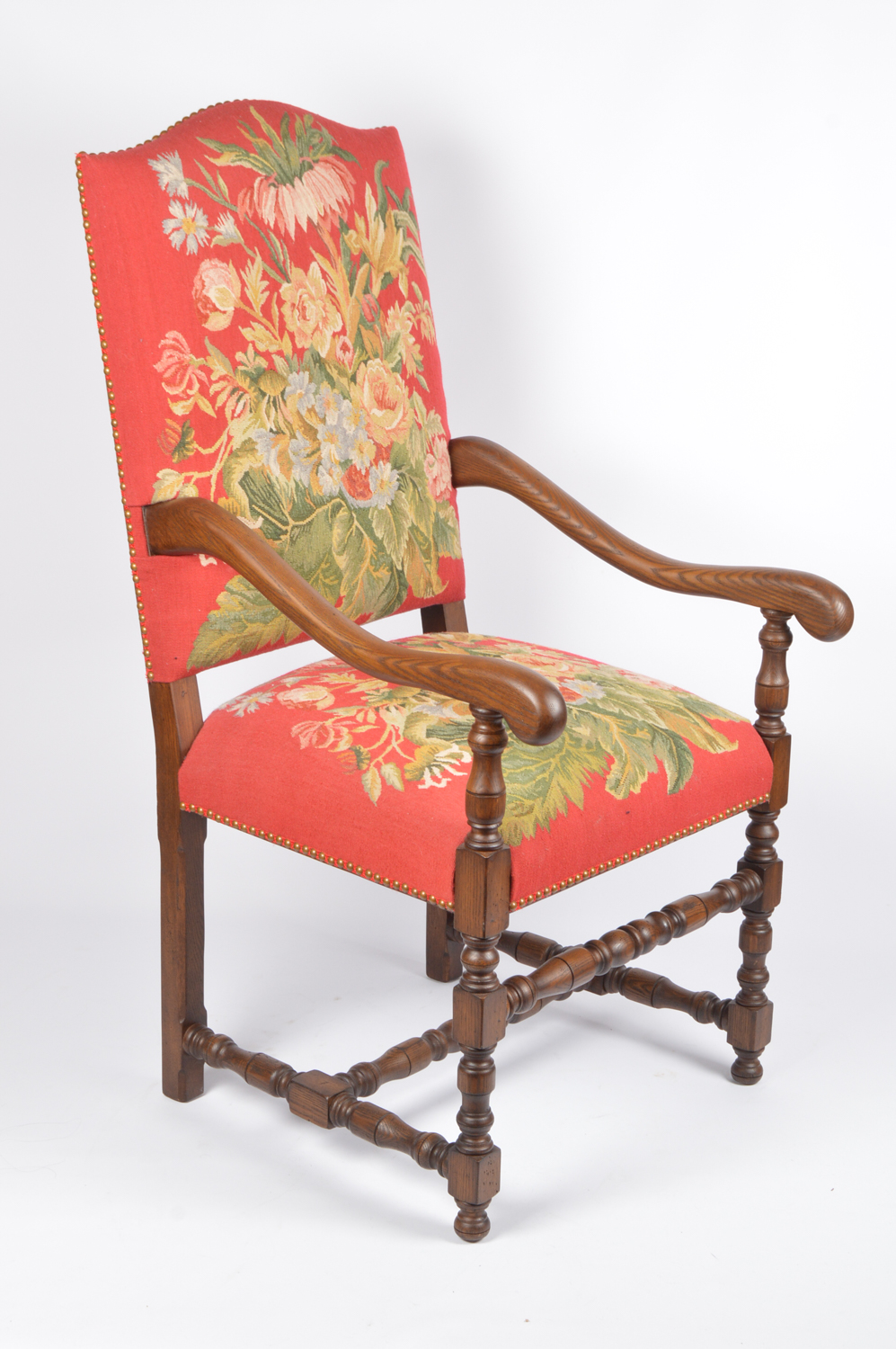 Contemporary William and Mary Style Upholstered Oak Armchair