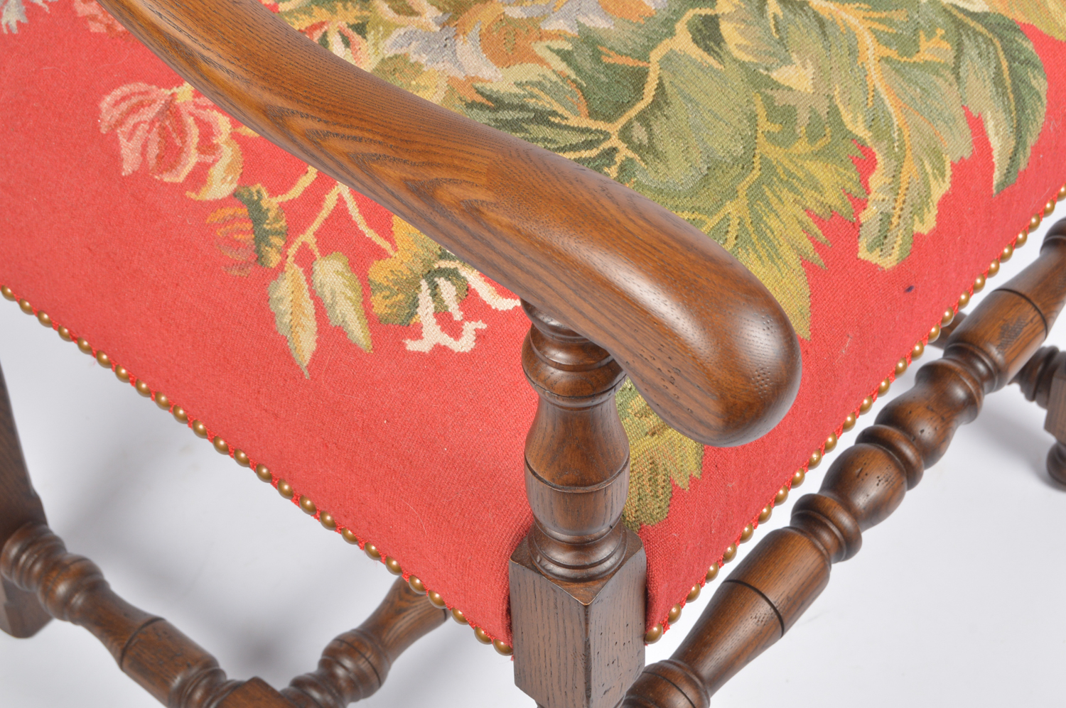 Contemporary William and Mary Style Upholstered Oak Armchair