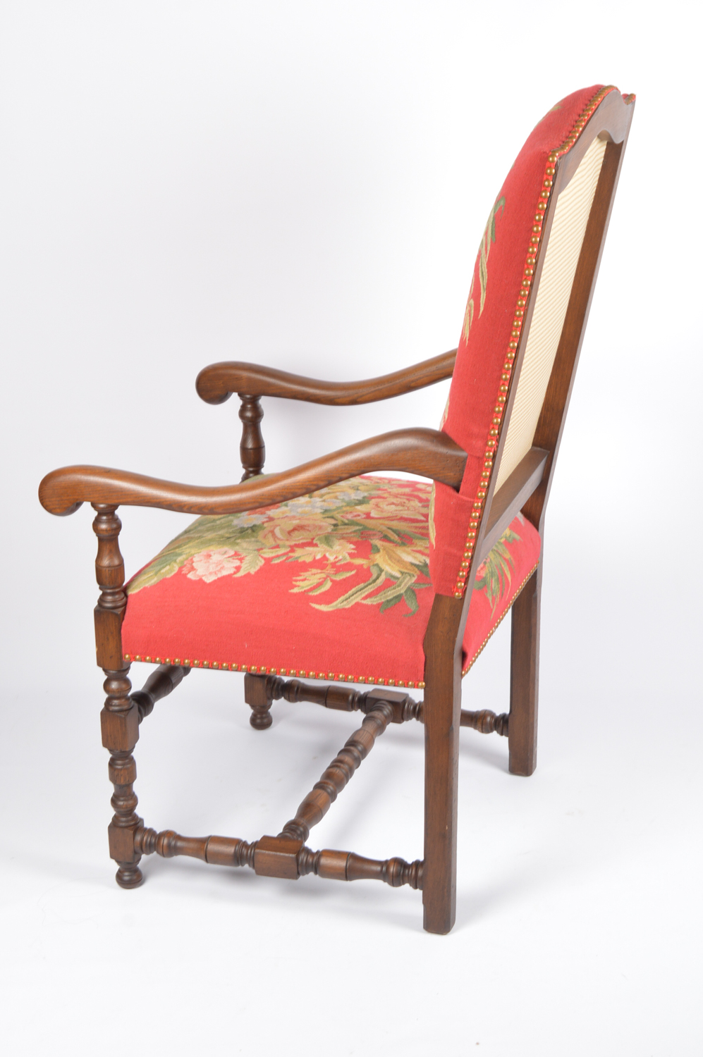 Contemporary William and Mary Style Upholstered Oak Armchair