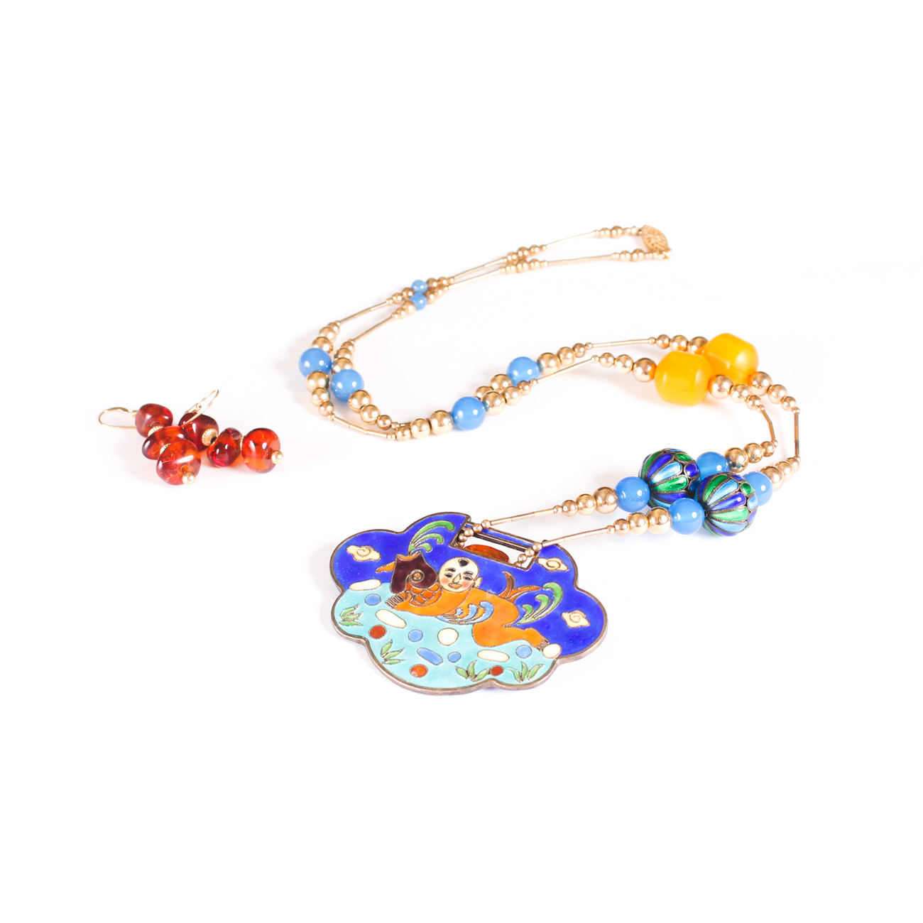 Amber Dangle Earrings with Cloisonne Pendant Necklace