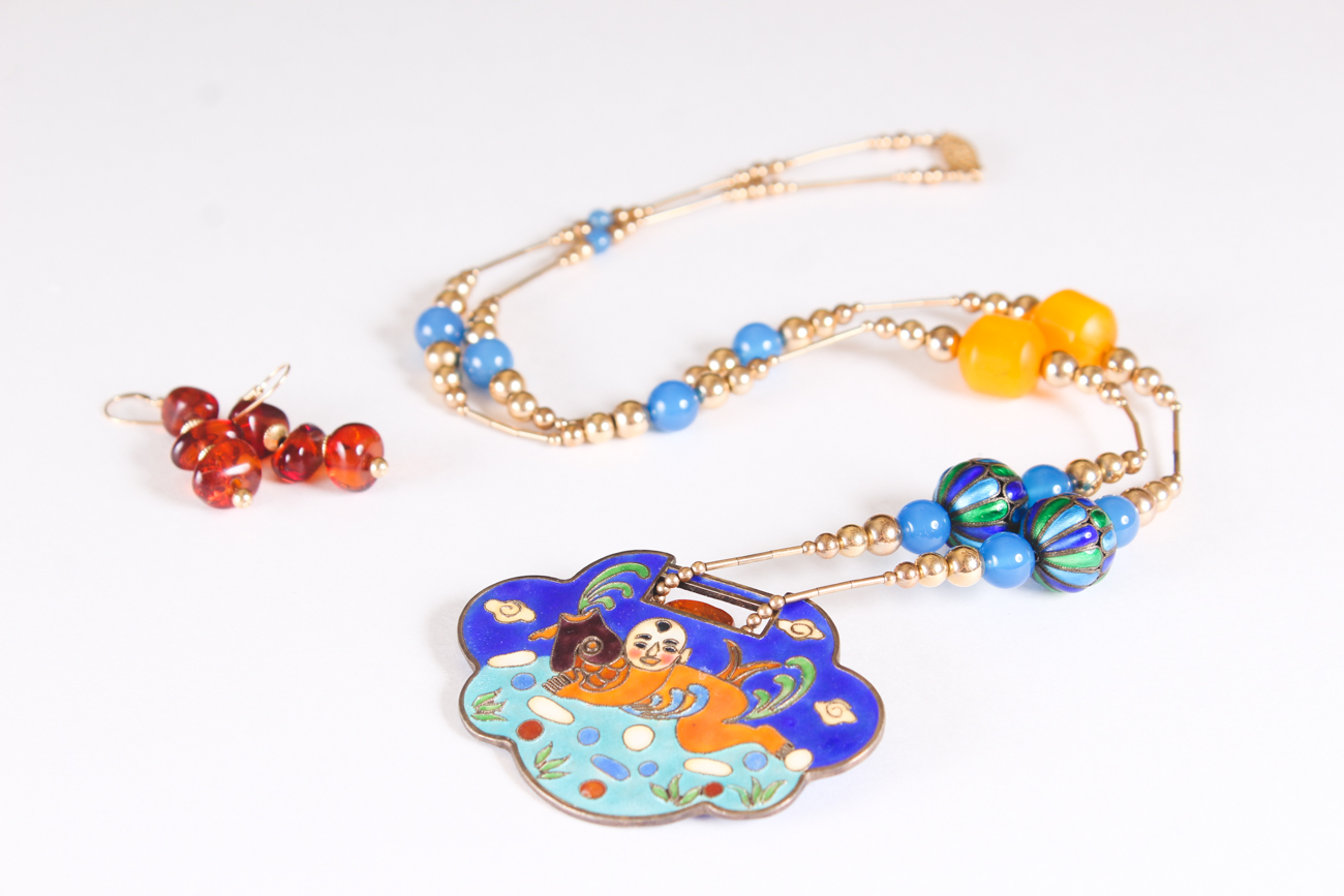 Amber Dangle Earrings with Cloisonne Pendant Necklace