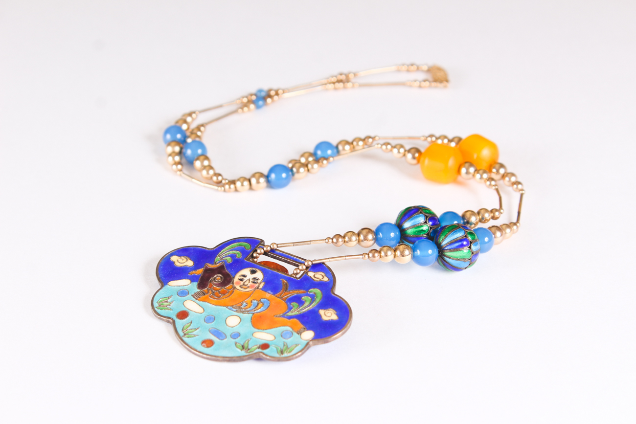 Amber Dangle Earrings with Cloisonne Pendant Necklace