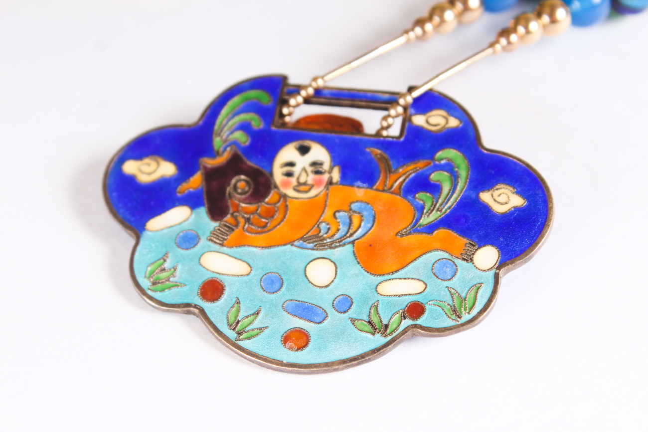 Amber Dangle Earrings with Cloisonne Pendant Necklace