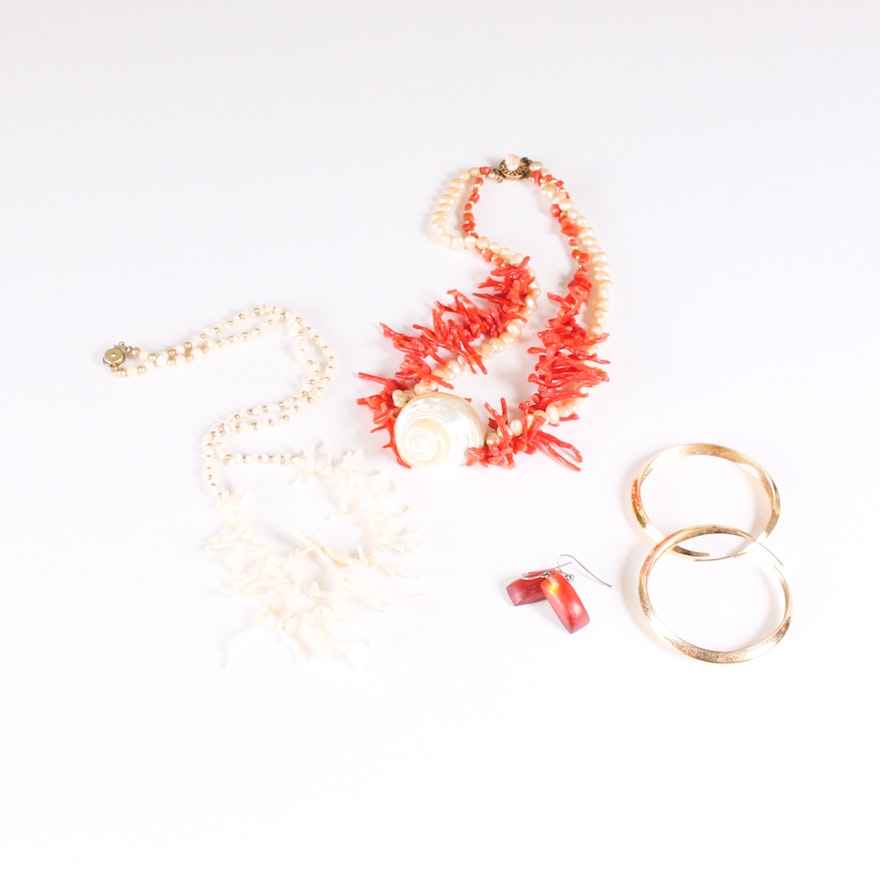 Sterling Silver Hoop Earrings with Coral Necklaces and Alexis Bittar Earrings