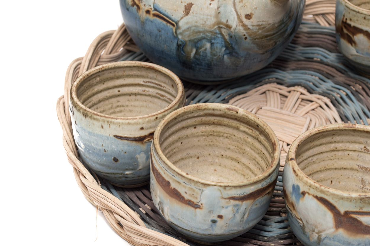 Hand Built Pottery Teapot, Cups and Woven Tray