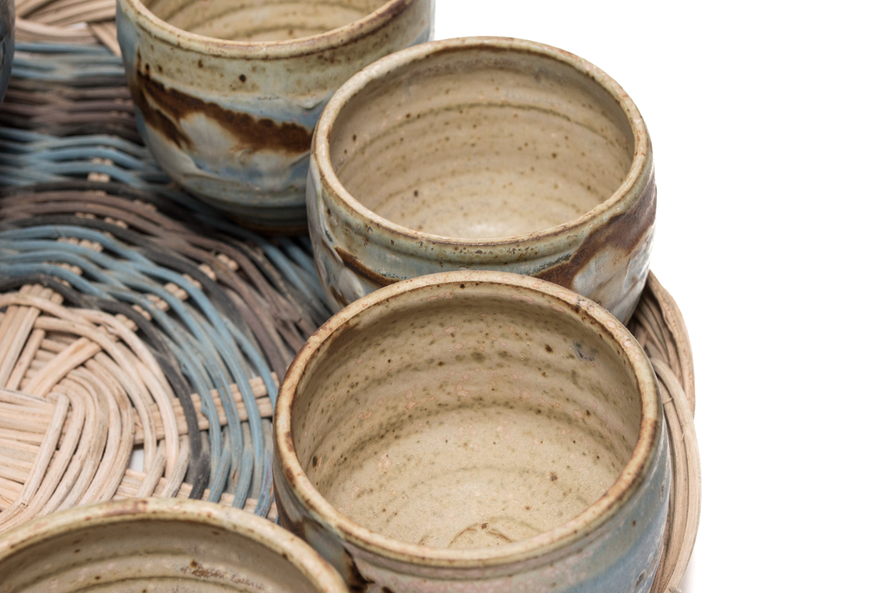 Hand Built Pottery Teapot, Cups and Woven Tray