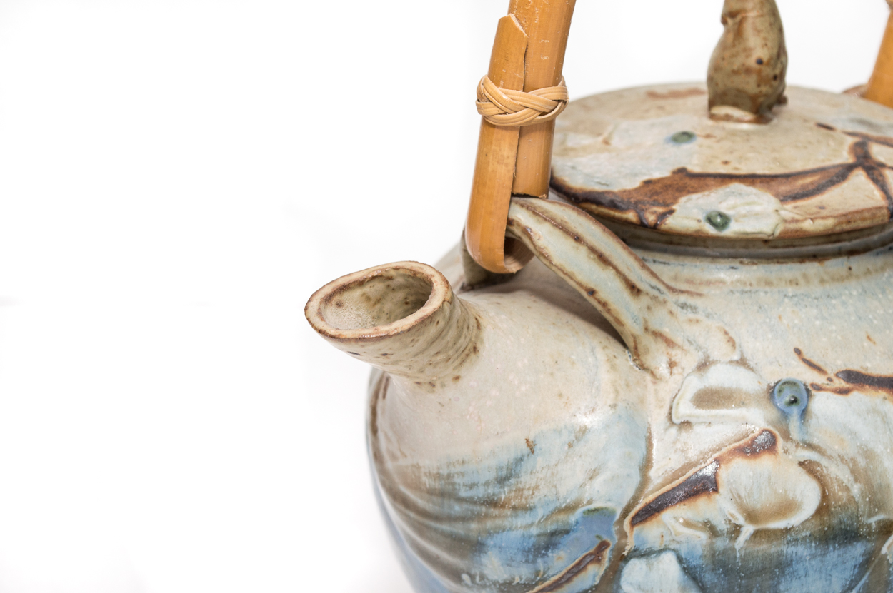 Hand Built Pottery Teapot, Cups and Woven Tray