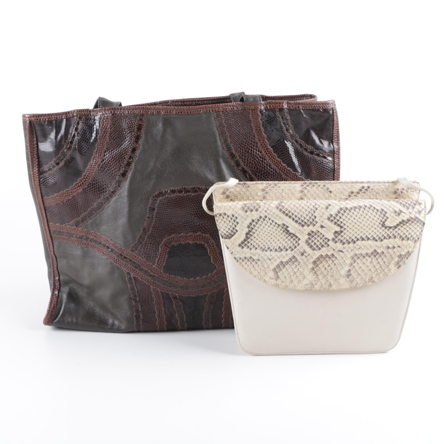 Carlos Falchi Leather and Snakeskin Handbag and Embossed Brown Leather Tote