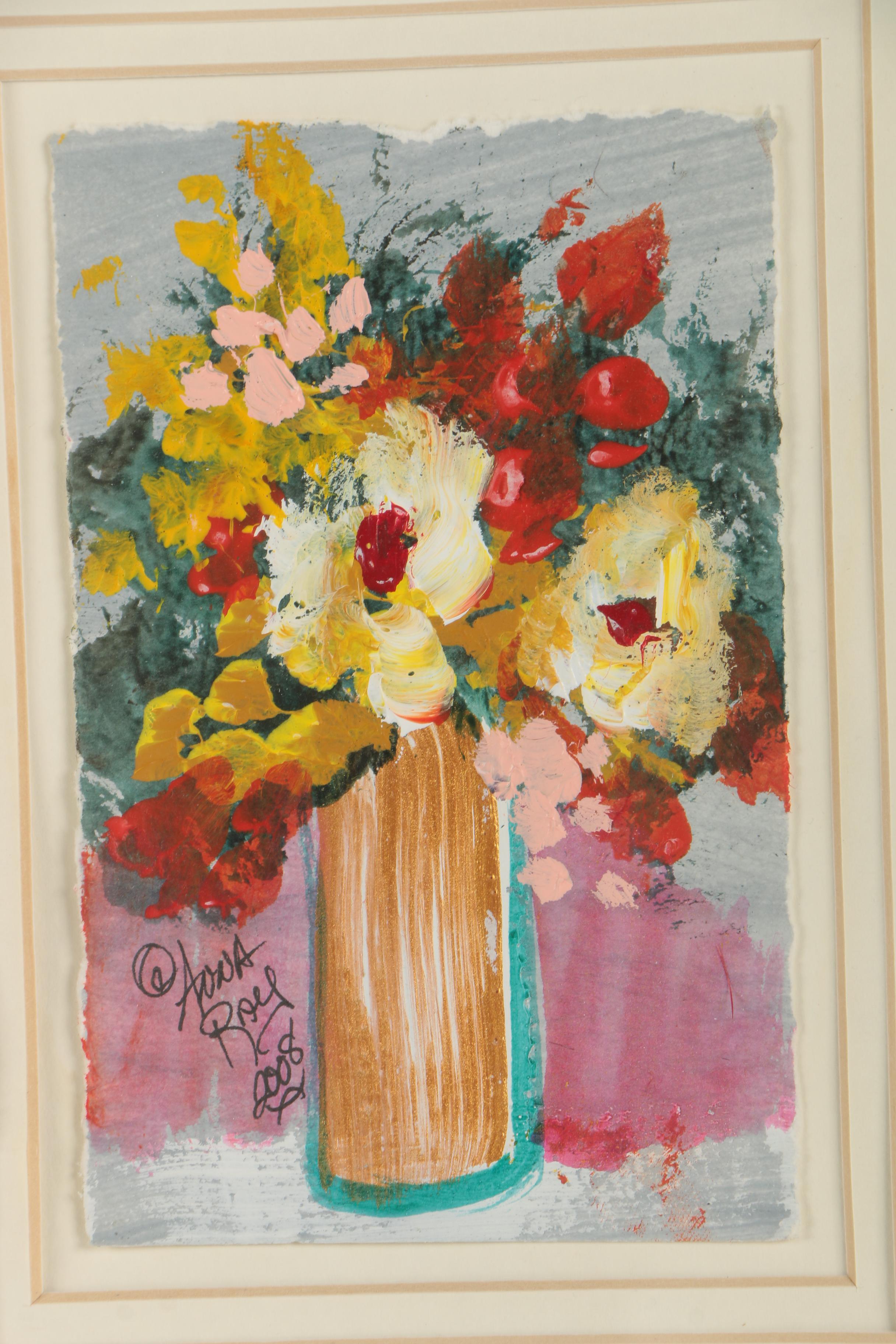Anna Sandhu Ray Mixed Media Painting of Floral Still Life