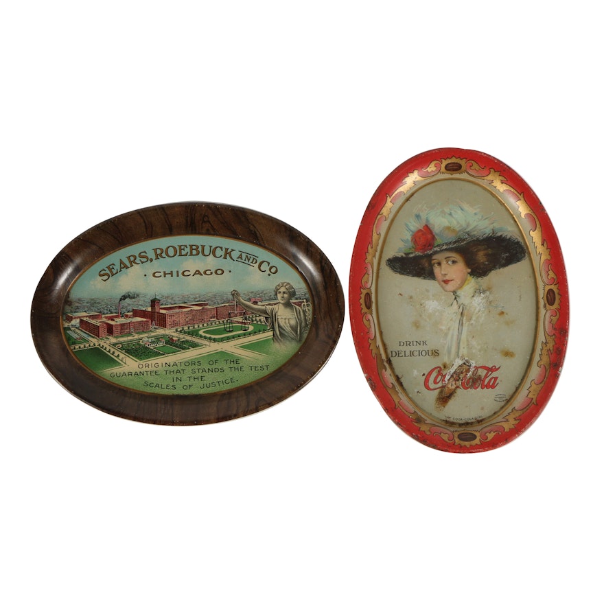 Early 20th Century Coca-Cola and Sears, Roebuck and Co. Tin Litho Trays