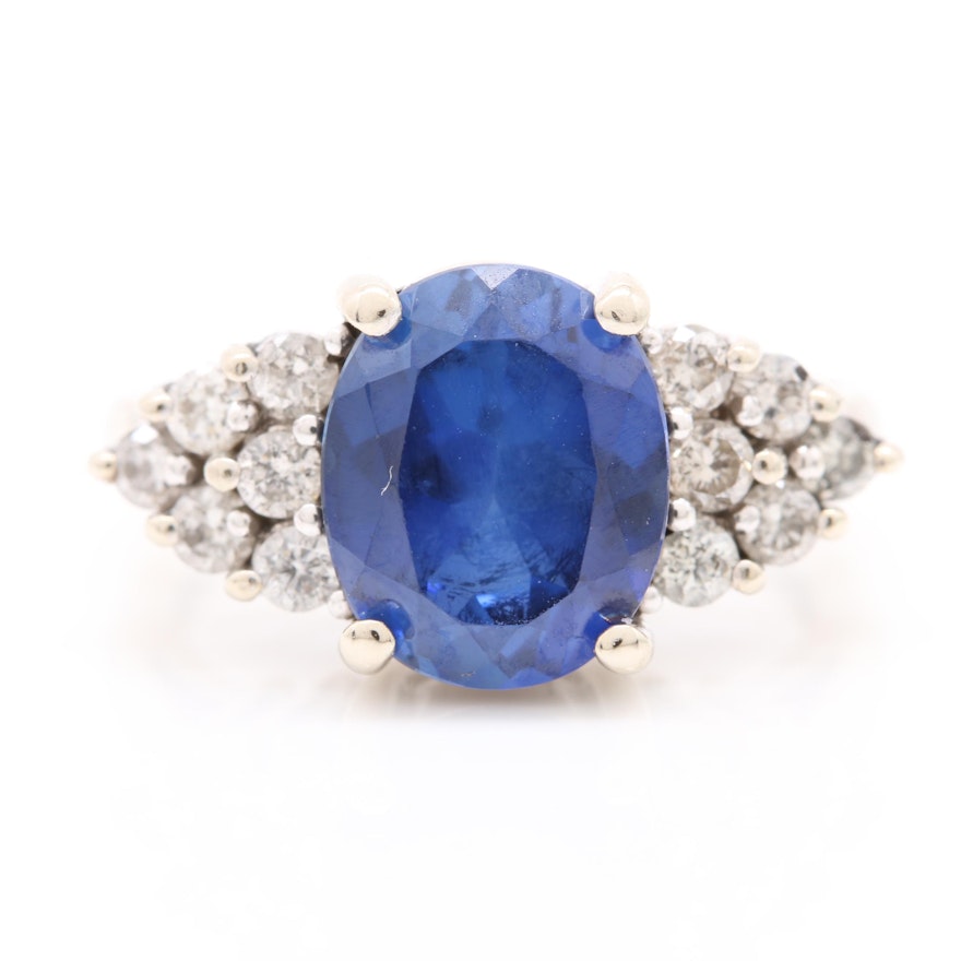 14K White Gold Synthetic Blue Sapphire and Diamond Ring